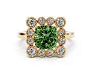 Cushion Cut Milgrain Cluster Halo Engagement Ring Setting for a Fancy Green Lab-Grown Diamond | Plain Band | Yellow Gold