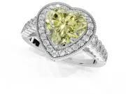 Canary Yellow Heart-Shaped Lab-Grown Diamond Milgrain Halo Solitaire Ring Set in White Gold with Bezel Set Side Stones and Pavé Band