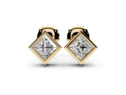 Princess Cut Lab-Grown Diamond Square Bezel Stud Earrings | Stepped Rim | Yellow Gold