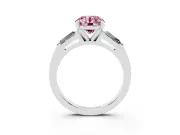 Fancy Pink Round Cut Diamond Solitaire Ring Set in Platinum with Tapered Baguette Side Stones and Prong Setting