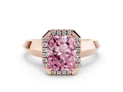 Fancy Pink Radiant Cut Diamond Halo Ring Set in Rose gold with Cathedral Band and Prong Setting