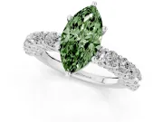 Fancy Green Marquise Cut Diamond Solitaire Ring Set in Platinum with Shared Prong Pavé Band