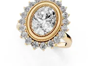 Oval Cut Diamond Halo Ring Set in Yellow gold with Milgrain Edge and Round Prong Setting