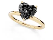 Fancy Black Heart Cut Diamond Solitaire Ring Set in Yellow gold with Thin Band and Prong Setting