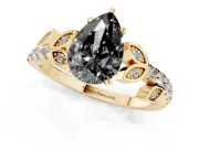 Fancy Black Pear Cut Diamond Solitaire Leaf-Inspired Ring Set in Yellow gold with Pavé Band and Prong Setting