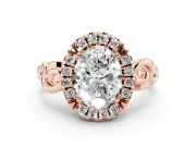 Oval Cut Diamond Halo Ring Set in Rose gold with Scrollwork Band and Prong Setting