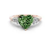 Fancy Green Three-Stone Heart Cut Diamond Ring Set in Rose gold with Pear Side Stones and Prong Setting