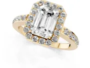 Emerald Cut Diamond Halo Ring Set in Yellow gold with Pavé-Setting Band and Open Prong Center