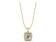 Cushion Cut Lab-Grown Diamond Halo Pendant Necklace | Plain Bail | Yellow Gold