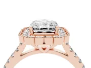 Radiant Cut Diamond Milgrain Floral Halo Engagement Ring Set in Rose gold with Pavé Band