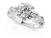 Round Cut Diamond Milgrain Leaf Band Solitaire Ring Set in Silver with Accent Stones and Prong Setting