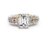 Emerald Cut Side Stone Engagement Ring Setting | Two-Row Shoulder Clusters | Yellow Gold
