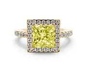 Fancy Yellow Princess Cut Diamond Pavé Band Halo Engagement Ring Set in Yellow gold with Prong Setting