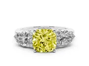 Fancy Yellow Cushion Cut Diamond Cluster Engagement Ring Set in White gold with Pavé Band and Prong Setting
