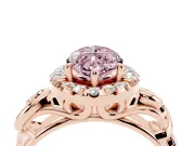 Fancy Pink Marquise Cut Diamond Halo Ring Set in Rose gold with Scrollwork Band and Prong Setting