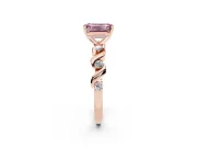 Fancy Pink Emerald Cut Diamond Solitaire Ring Set in Rose gold with Ribbon Twist Band, Round Accents and Prong Setting