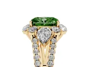 Fancy Green Radiant Cut Diamond Halo Split Shank Engagement Ring Set in Yellow gold with Prong-Held Center Stone