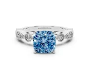 Fancy Blue Cushion Cut Diamond Solitaire Engagement Ring Set in White gold with Milgrain Bezel Accent Band