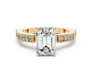 Emerald Cut Diamond Solitaire Ring Set in Yellow gold with Slim Pavé Band and Prong Setting