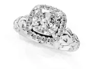 Cushion Cut Filigree Leaf Halo Engagement Ring Setting | Bezel Leaf Accents | Sterling Silver