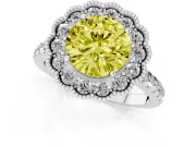 Fancy Yellow Round Cut Diamond Milgrain Floral Halo Engagement Ring Set in Platinum with Pavé Band