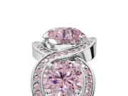 Round Three Stone Halo Engagement Ring Setting for a Fancy Pink Lab-Grown Diamond | Pavé Wave Band | Sterling Silver