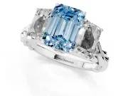 Fancy Blue Emerald Cut Diamond Three-Stone Ring Set in Platinum with Braided Band