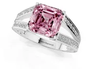 Fancy Pink Asscher Cut Diamond Split Shank Ring Set in Platinum with Pavé Band and Prong Setting