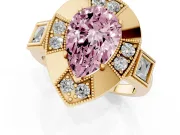 Fancy Pink Pear Cut Diamond Milgrain Halo Ring Set in Yellow gold with Split Shank