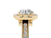 Round Cut Diamond Halo Solitaire Ring Set in Yellow gold with Pavé Band and Bezel Setting