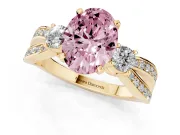 Fancy Pink Three-Stone Oval Cut Diamond Twist Band Ring Set in Yellow gold with Pavé Accents and Prong Setting