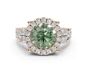 Round Halo Engagement Ring Setting for a Fancy Green Lab-Grown Diamond | Side Clusters | Rose Gold