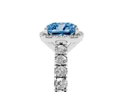 Fancy Blue Cushion Cut Diamond Halo Engagement Ring Set in Platinum with Pavé Band and Prong Setting