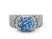 Cushion Cut Vintage Pave Engagement Ring Setting for a Fancy Blue Lab-Grown Diamond | Milgrain Edges | White Gold