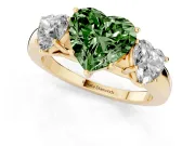 Fancy Green Heart Cut Diamond Three-Stone Ring Set in Yellow gold with Bold Center and Classic Band