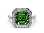 Asscher Cut Milgrain Halo Engagement Ring Setting for a Fancy Green Lab-Grown Diamond | Pavé Band | Sterling Silver
