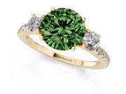 Fancy Green Round Cut Diamond Three-Stone Ring Set in Yellow gold with Pavé Band and Graduated Sides
