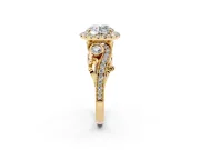 Round Cut Diamond Halo Ring Set in Yellow gold with Milgrain Pavé Band and Prong Setting