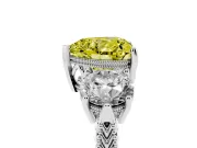 Fancy Yellow Heart Cut Diamond Three-Stone Ring Set in Platinum with Milgrain Band