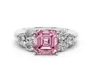 Fancy Pink Asscher Cut Diamond Cluster Ring Set in White gold with Round Accent Stones and Prong Setting on a Plain Band