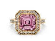 Asscher Cut Milgrain Halo Engagement Ring Setting for a Fancy Pink Lab-Grown Diamond | Yellow Gold