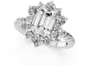 Emerald Cut Diamond Floral Halo Ring Set in Silver with Round Pavé Band and Prong Setting