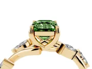 Fancy Green Emerald Cut Diamond Solitaire Ring Set in Yellow gold with Twisted Marquise Accent Band