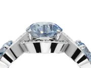 Round Three Stone Halo Engagement Ring Setting for a Fancy Blue Lab-Grown Diamond | Pavé Wave Band | Platinum