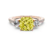 Cushion Cut Three Stone Engagement Ring Setting for a Fancy Yellow Lab-Grown Diamond | Pave Shoulders | Rose Gold