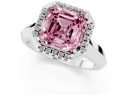 Fancy Pink Asscher Cut Diamond Halo Ring Set in White gold with Cathedral Band and Prong Setting