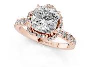 Cushion Cut Diamond Halo Pavé Band Ring Set in Rose gold with Prong-Held Center
