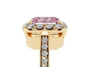 Fancy Pink Emerald Cut Diamond Floral Halo Ring Set in Yellow gold with Pavé Band and Prong Setting