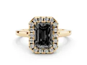 Fancy Black Emerald Cut Halo Round Diamond Solitaire Ring Set in Yellow gold with Pavé Band and Prong Setting