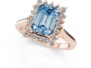 Fancy Blue Emerald Cut Diamond Halo Ring Set in Rose gold with Plain Solitaire Band and Prong Setting